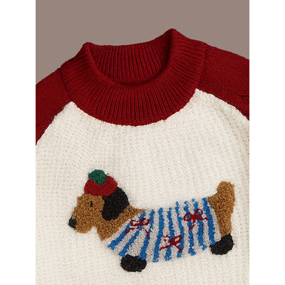 Cream & Red Dachshund Knitted Winter Cardigan, Christmas Sweater for Kids