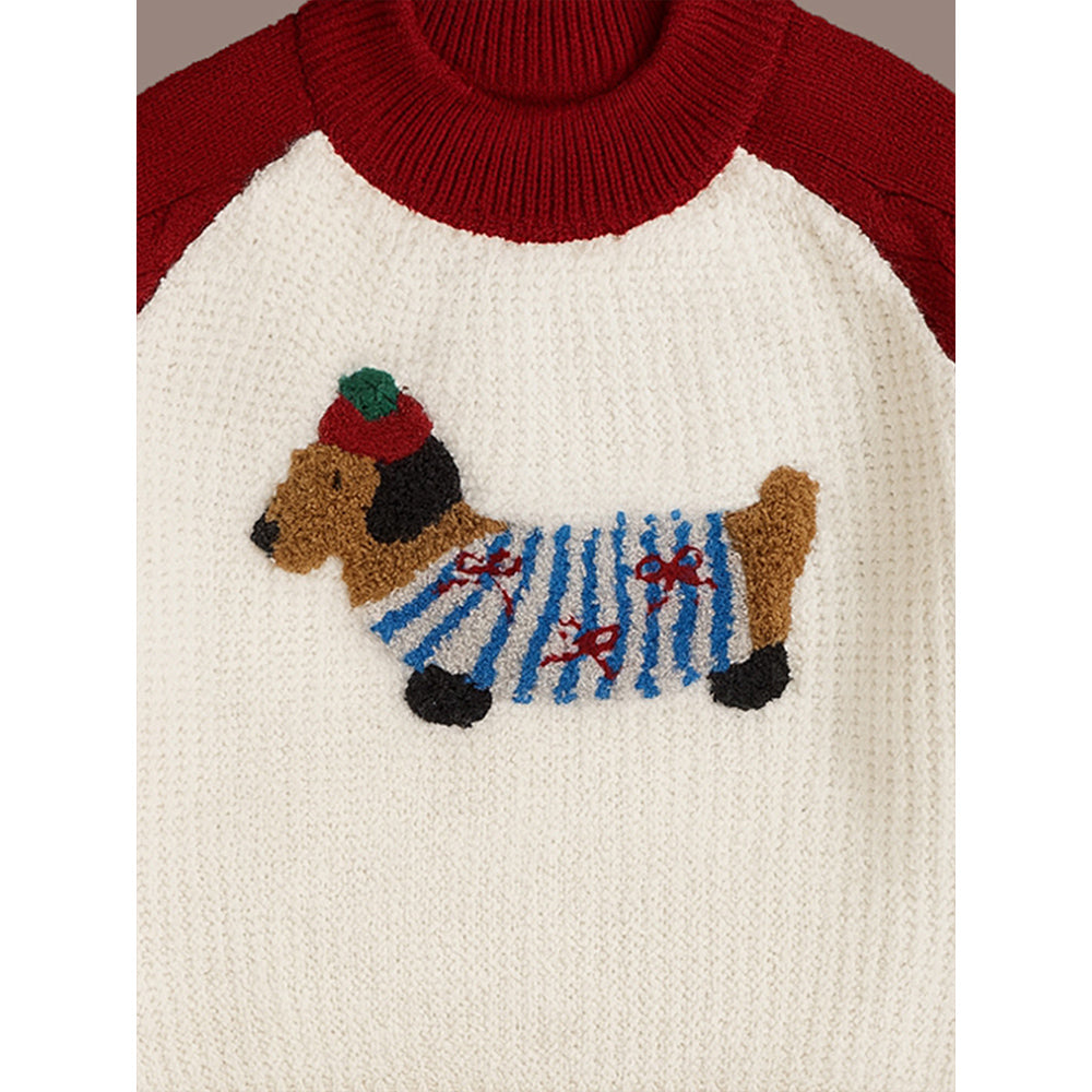 Cream & Red Dachshund Knitted Winter Cardigan, Christmas Sweater for Kids