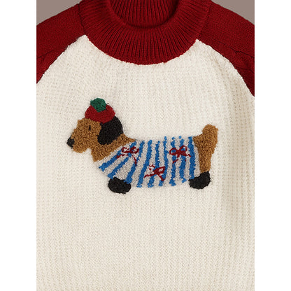 Cream & Red Dachshund Knitted Winter Cardigan, Christmas Sweater for Kids
