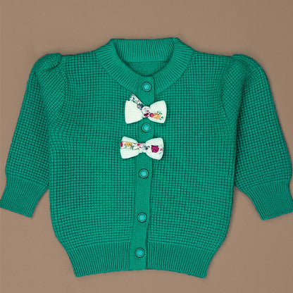 Green Knited Dual Bow kids Cardigan, Sweater for Winter & Christmas