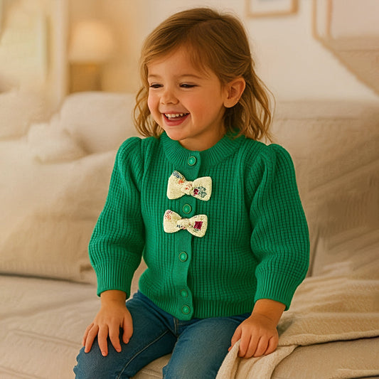 Green Knited Dual Bow kids Cardigan, Sweater for Winter & Christmas