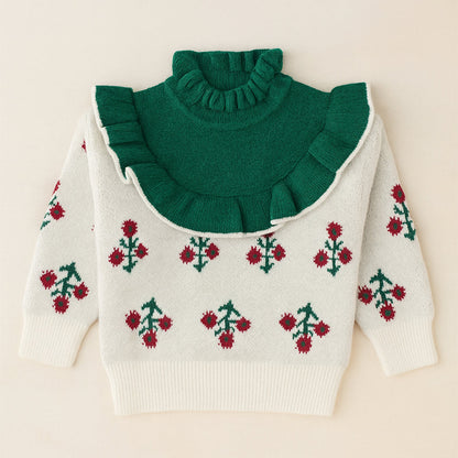 Green Ruffle Neck, Floral Christmas Cardigan Winter Sweater for Kids