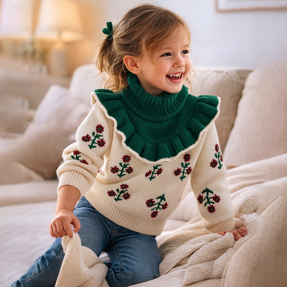 Green Ruffle Neck, Floral Christmas Cardigan Winter Sweater for Kids