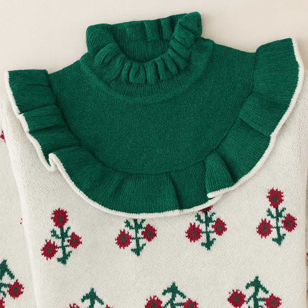 Green Ruffle Neck, Floral Christmas Cardigan Winter Sweater for Kids