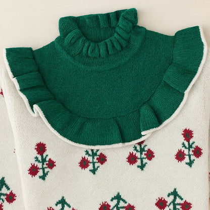 Green Ruffle Neck, Floral Christmas Cardigan Winter Sweater for Kids
