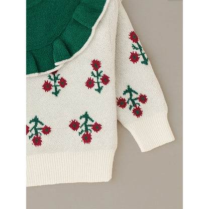 Green Ruffle Neck, Floral Christmas Cardigan Winter Sweater for Kids