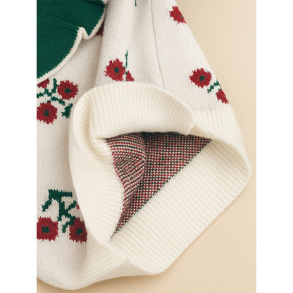 Green Ruffle Neck, Floral Christmas Cardigan Winter Sweater for Kids