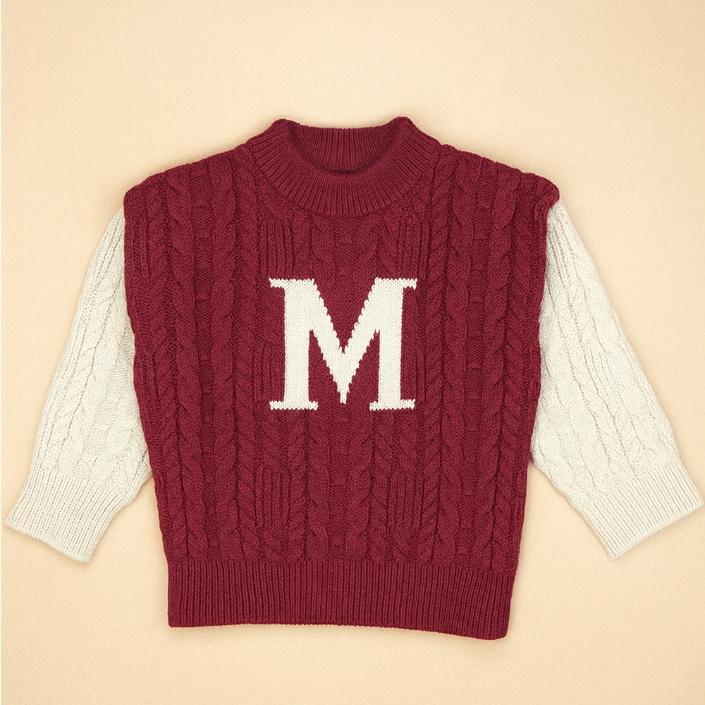 Maroon Letter “M” Cable-Knit Christmas Cardigan Winter Sweater for Kids