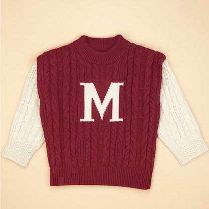 Maroon Letter “M” Cable-Knit Christmas Cardigan Winter Sweater for Kids