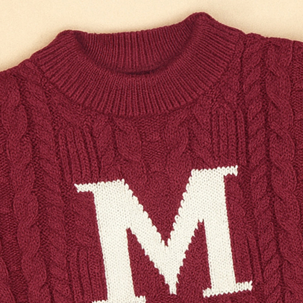 Maroon Letter “M” Cable-Knit Christmas Cardigan Winter Sweater for Kids