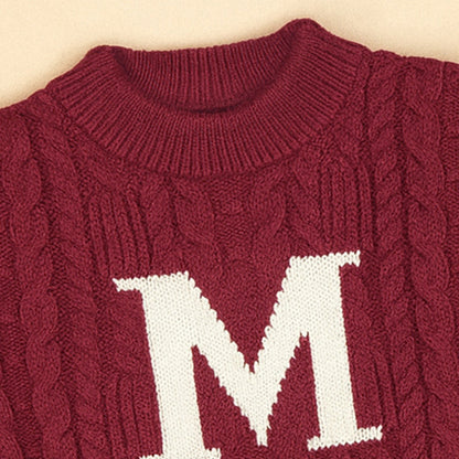 Maroon Letter “M” Cable-Knit Christmas Cardigan Winter Sweater for Kids