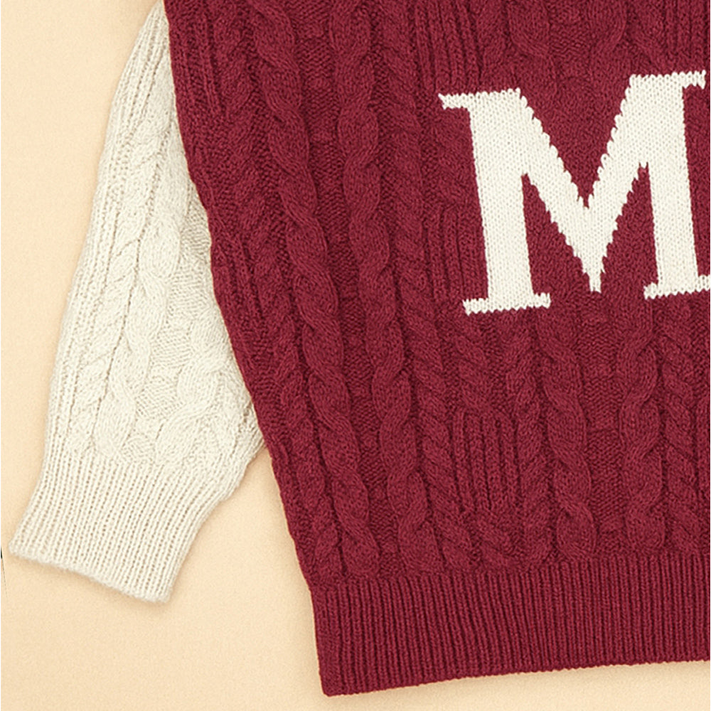 Maroon Letter “M” Cable-Knit Christmas Cardigan Winter Sweater for Kids