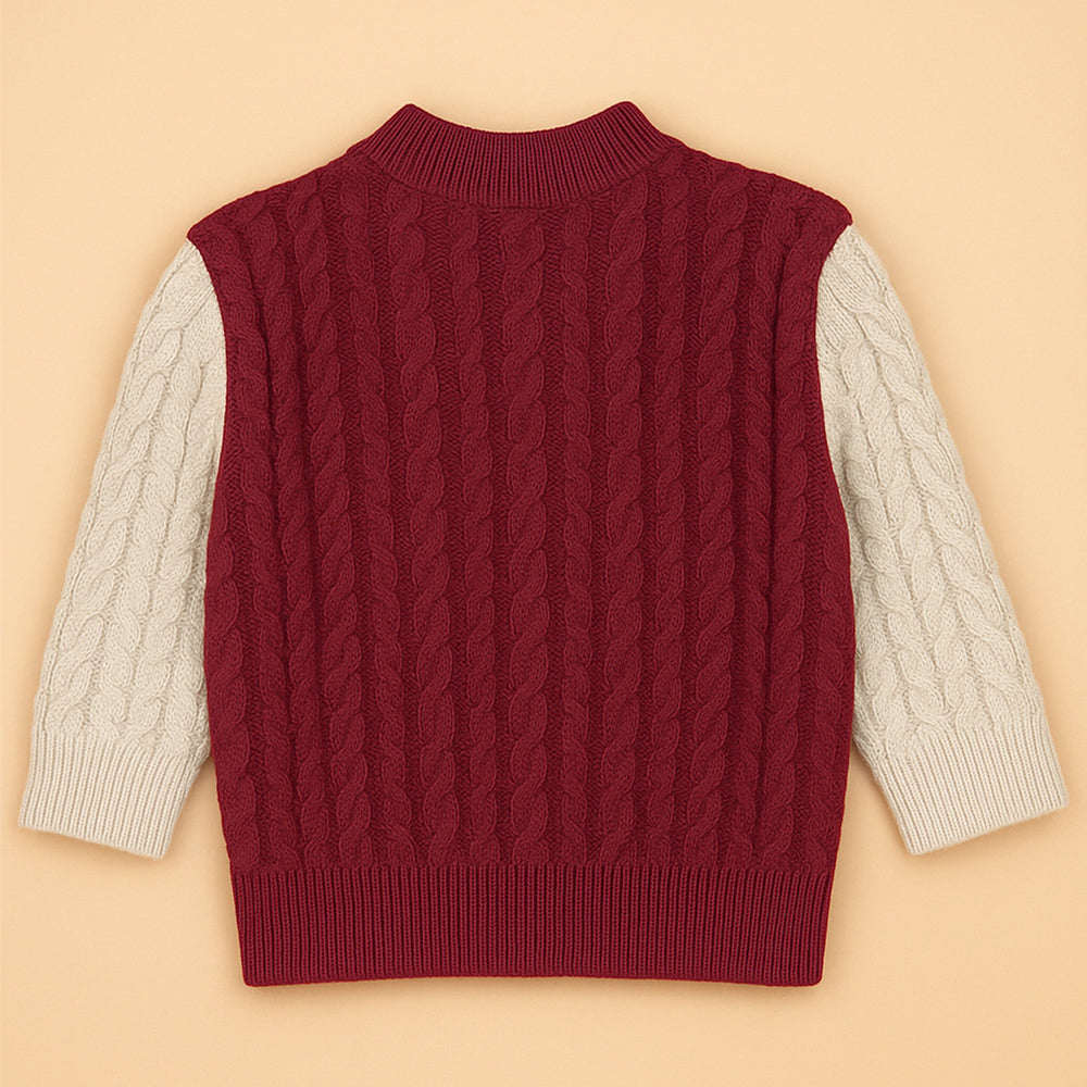 Maroon Letter “M” Cable-Knit Christmas Cardigan Winter Sweater for Kids