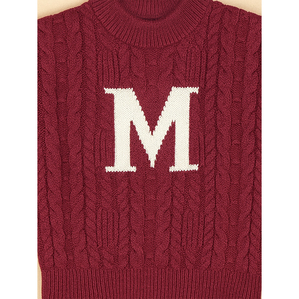 Maroon Letter “M” Cable-Knit Christmas Cardigan Winter Sweater for Kids