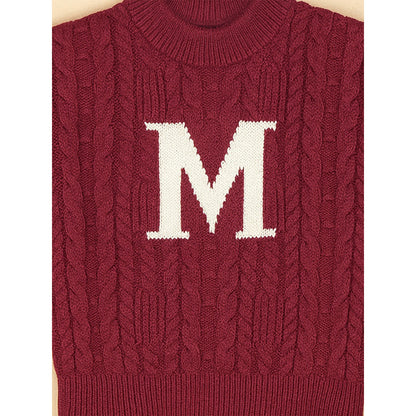 Maroon Letter “M” Cable-Knit Christmas Cardigan Winter Sweater for Kids
