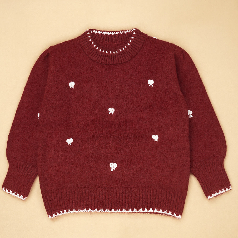 Maroon Mini Bows Knitted Cardigan,  Christmas Winter Sweater for Kids