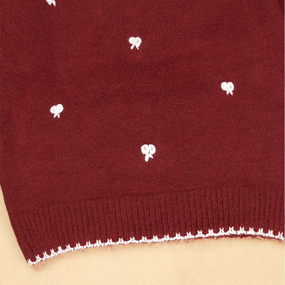 Maroon Mini Bows Knitted Cardigan,  Christmas Winter Sweater for Kids