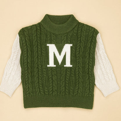 Olive Letter “M” Cable-Knit , Christmas Cardigan Winter Sweater for Kids