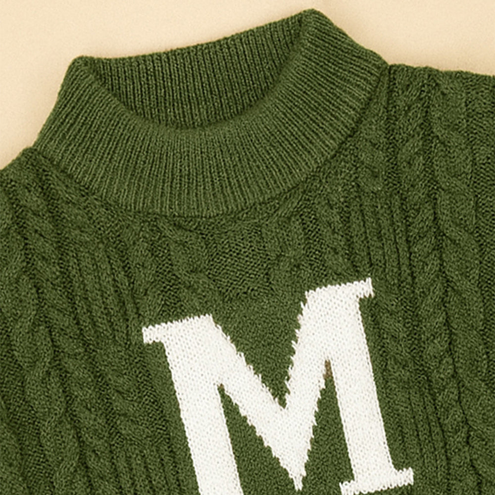Olive Letter “M” Cable-Knit , Christmas Cardigan Winter Sweater for Kids