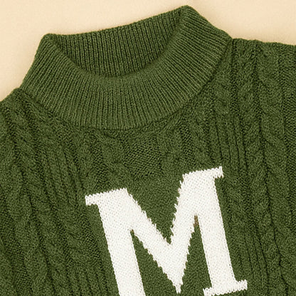 Olive Letter “M” Cable-Knit , Christmas Cardigan Winter Sweater for Kids