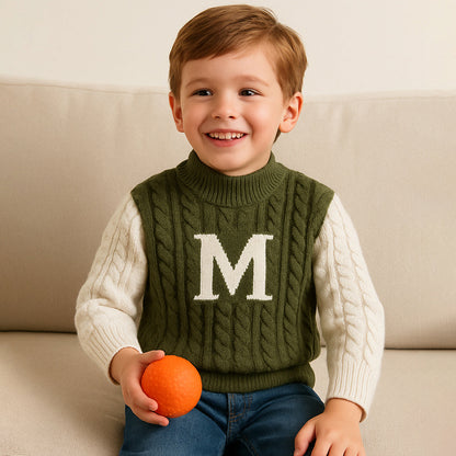 Olive Letter “M” Cable-Knit , Christmas Cardigan Winter Sweater for Kids