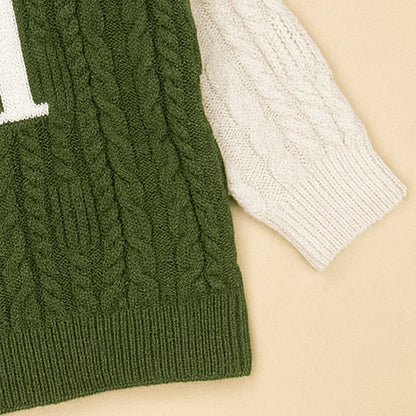 Olive Letter “M” Cable-Knit , Christmas Cardigan Winter Sweater for Kids