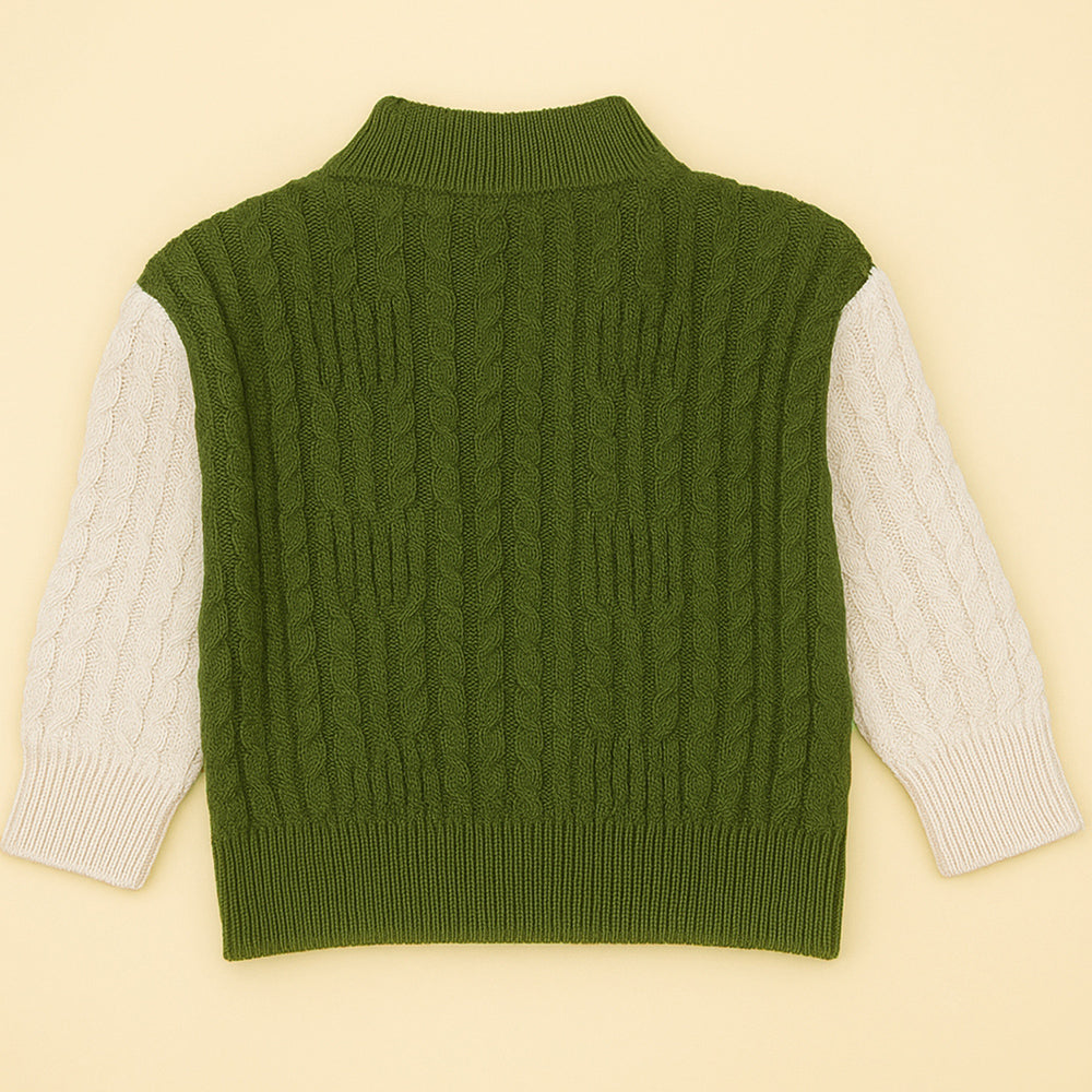 Olive Letter “M” Cable-Knit , Christmas Cardigan Winter Sweater for Kids