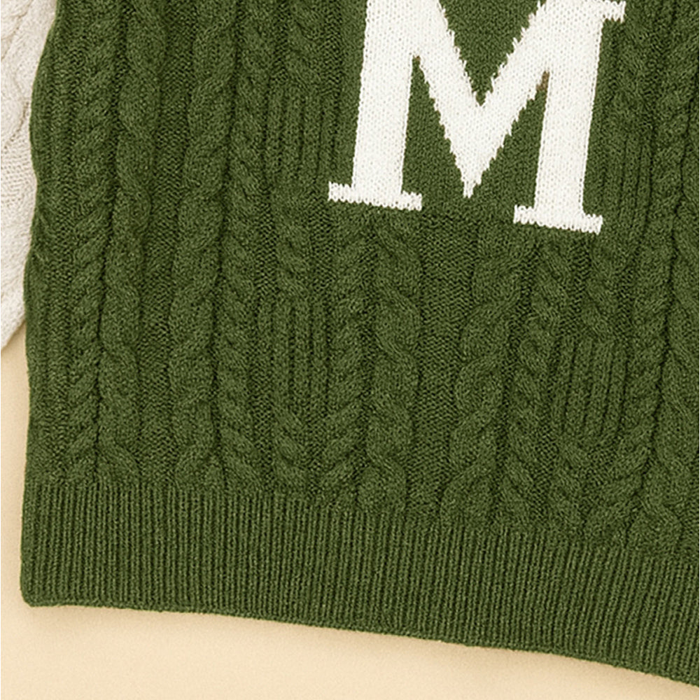 Olive Letter “M” Cable-Knit , Christmas Cardigan Winter Sweater for Kids