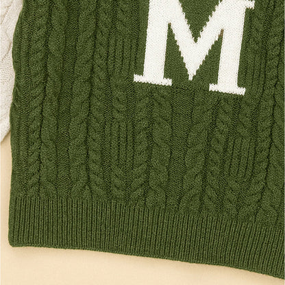 Olive Letter “M” Cable-Knit , Christmas Cardigan Winter Sweater for Kids