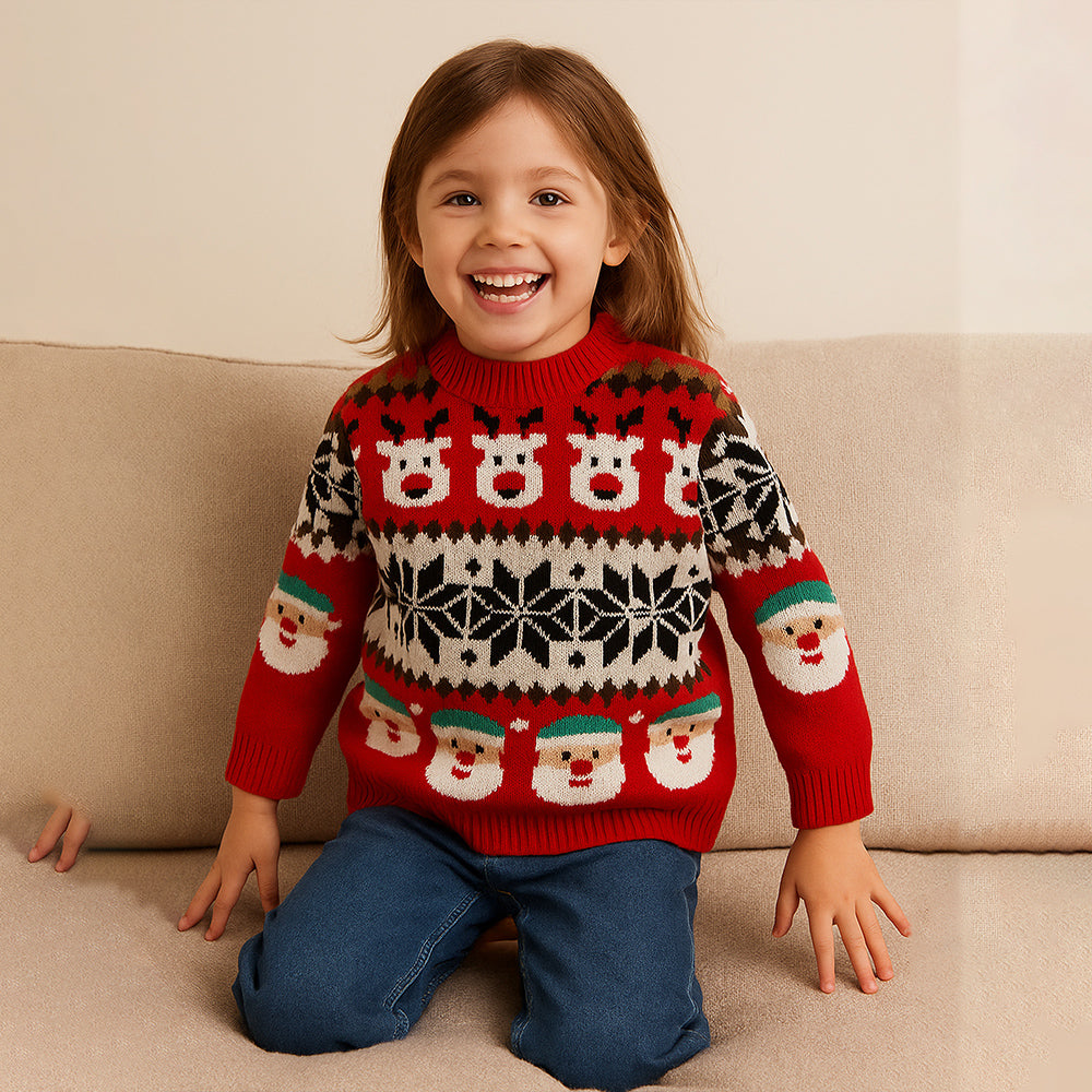 Red Santa & Reindeer Winter, Christmas Cardigan Sweater for Kids