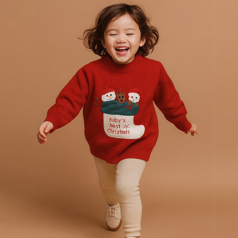 Red Christmas Stocking Snowman Knitted Winter Cardigan Sweater for Kids