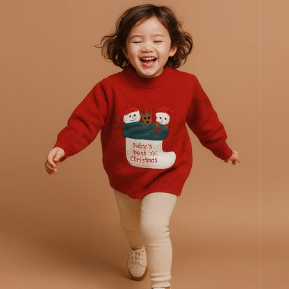 Red Christmas Stocking Snowman Knitted Winter Cardigan Sweater for Kids