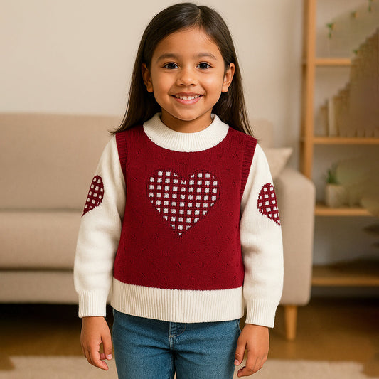 Red checks Heart Cardigan with Muffler, Christmas Winter Sweatshirt for Kids