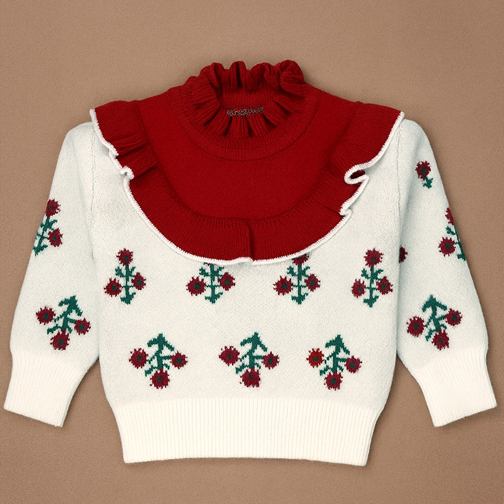 Red Ruffle Neck, Floral Christmas Cardigan Winter Sweater for Kids