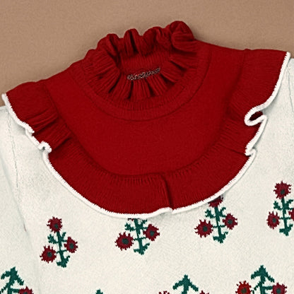 Red Ruffle Neck, Floral Christmas Cardigan Winter Sweater for Kids