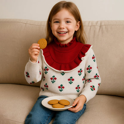Red Ruffle Neck, Floral Christmas Cardigan Winter Sweater for Kids