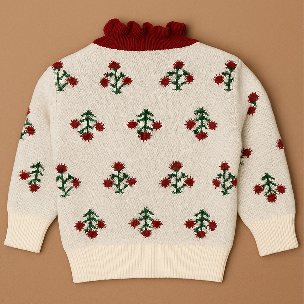 Red Ruffle Neck, Floral Christmas Cardigan Winter Sweater for Kids