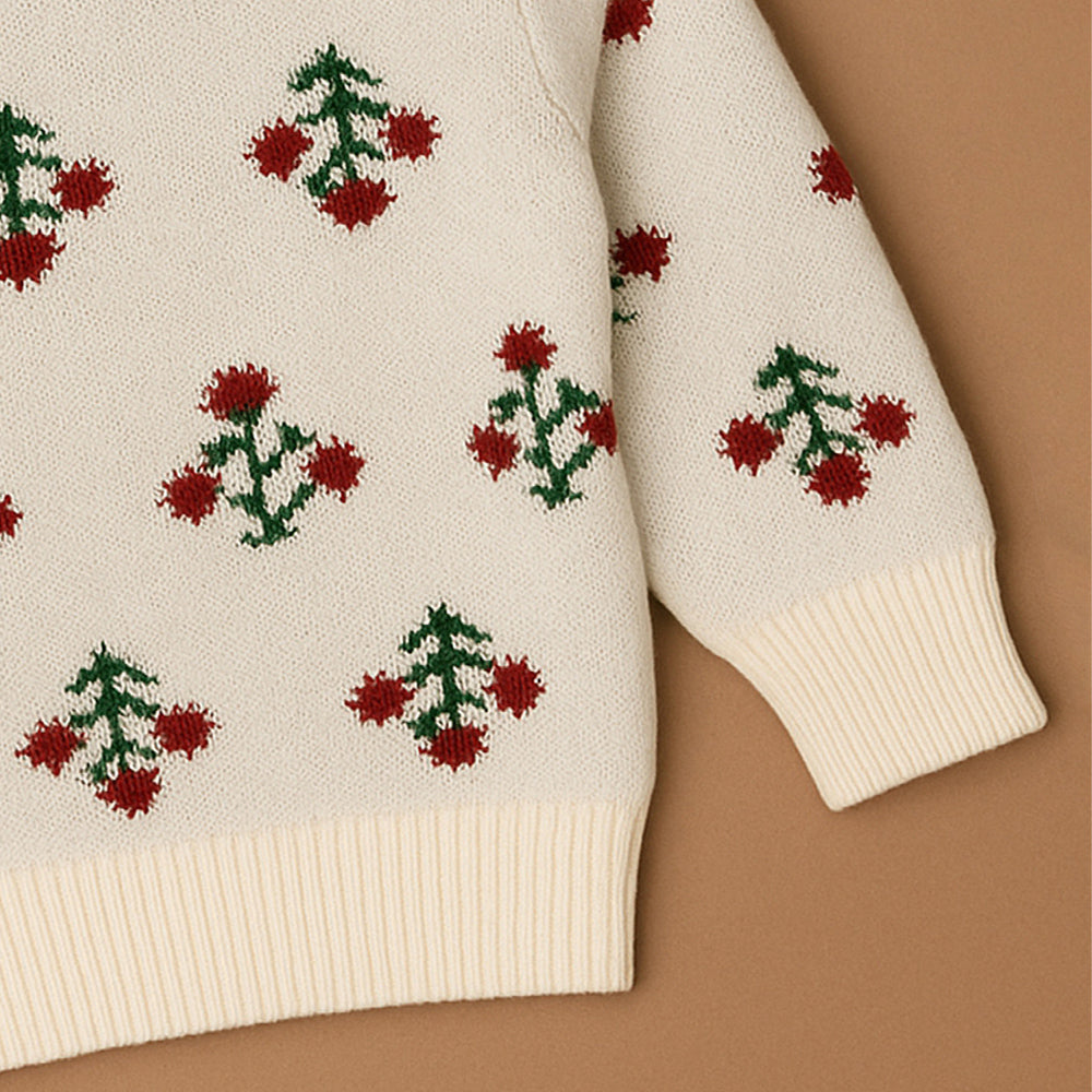 Red Ruffle Neck, Floral Christmas Cardigan Winter Sweater for Kids