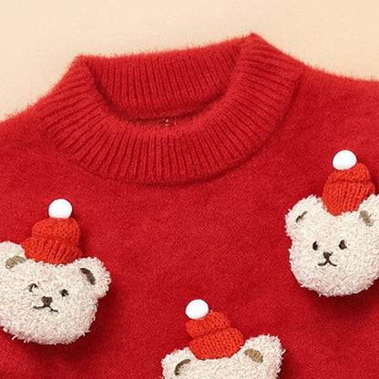Red Teddy Cap Christmas Winter Cardigan Sweater for Kids