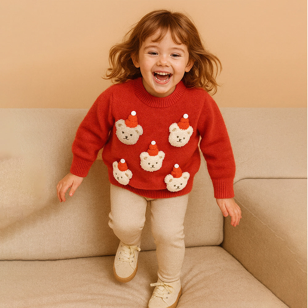 Red Teddy Cap Christmas Winter Cardigan Sweater for Kids