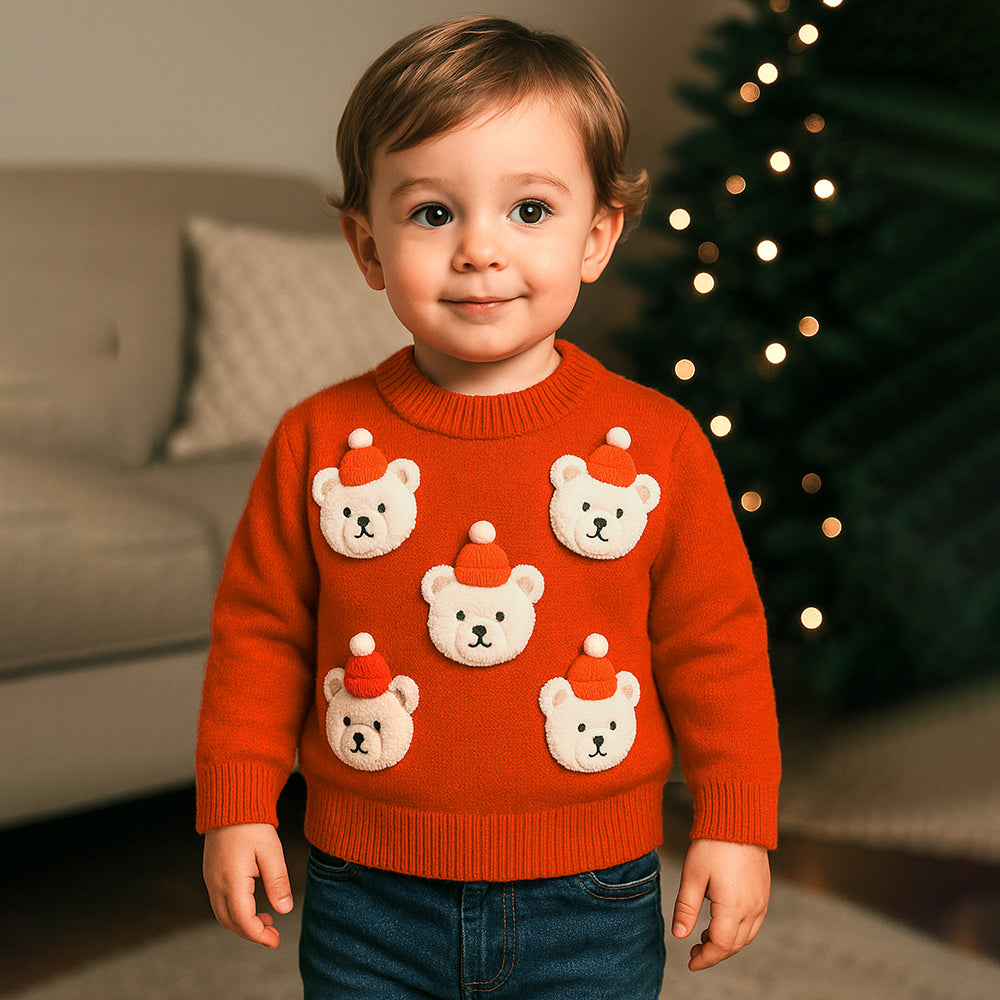 Red Teddy Cap Christmas Winter Cardigan Sweater for Kids