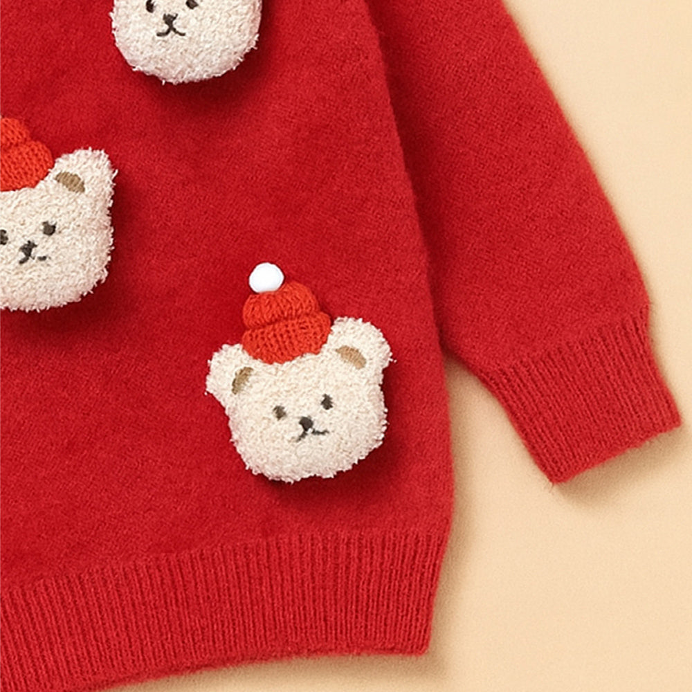 Red Teddy Cap Christmas Winter Cardigan Sweater for Kids