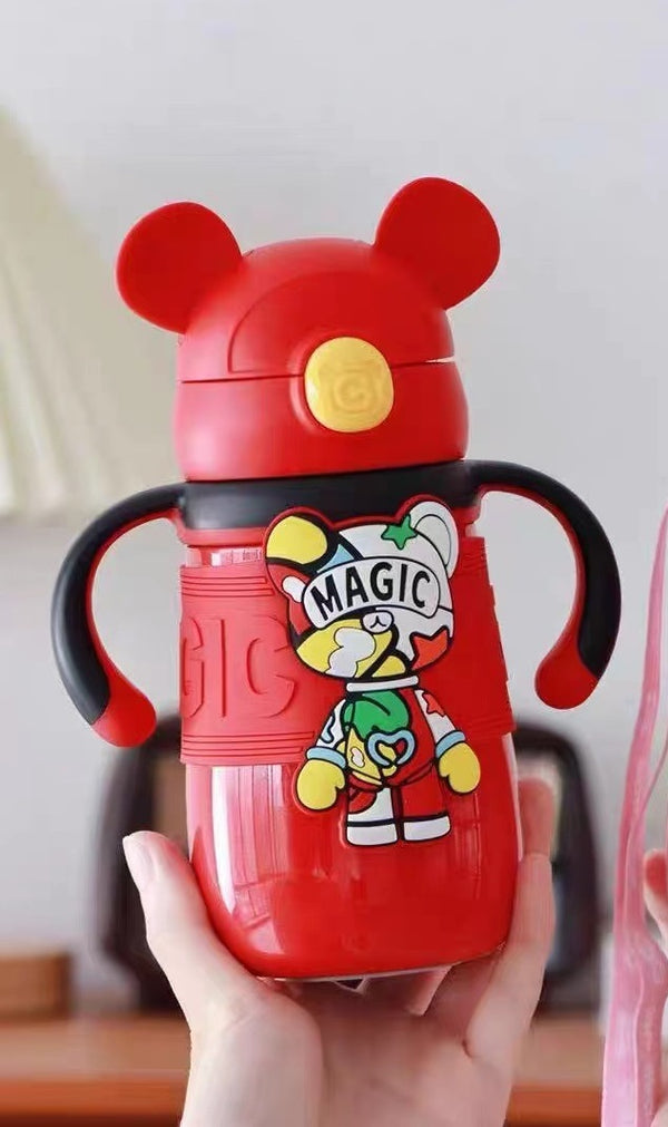 Little Surprise box Red 2d Magic Bear Kids Water bottle for Infants and Toddlers with Handles, 350 ML