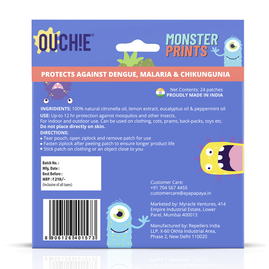 Ouchie Monster Print Mosquito Repellent Patches 100% Natural (24 Patches)
