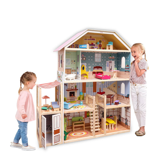 Open Ended Wooden Doll House - Grand Mansion (28 pcs furniture included)-Pretend Play-Open Ended-Toycra