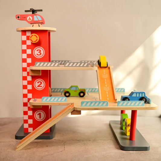 Playbox Drive in-Multilevel Activity Center with Helicopter Pad, Moving Elevator & Rapid Descent Ramps Pretend Play Toy Develops Motor Skills & Creativity - Age 1+ Years