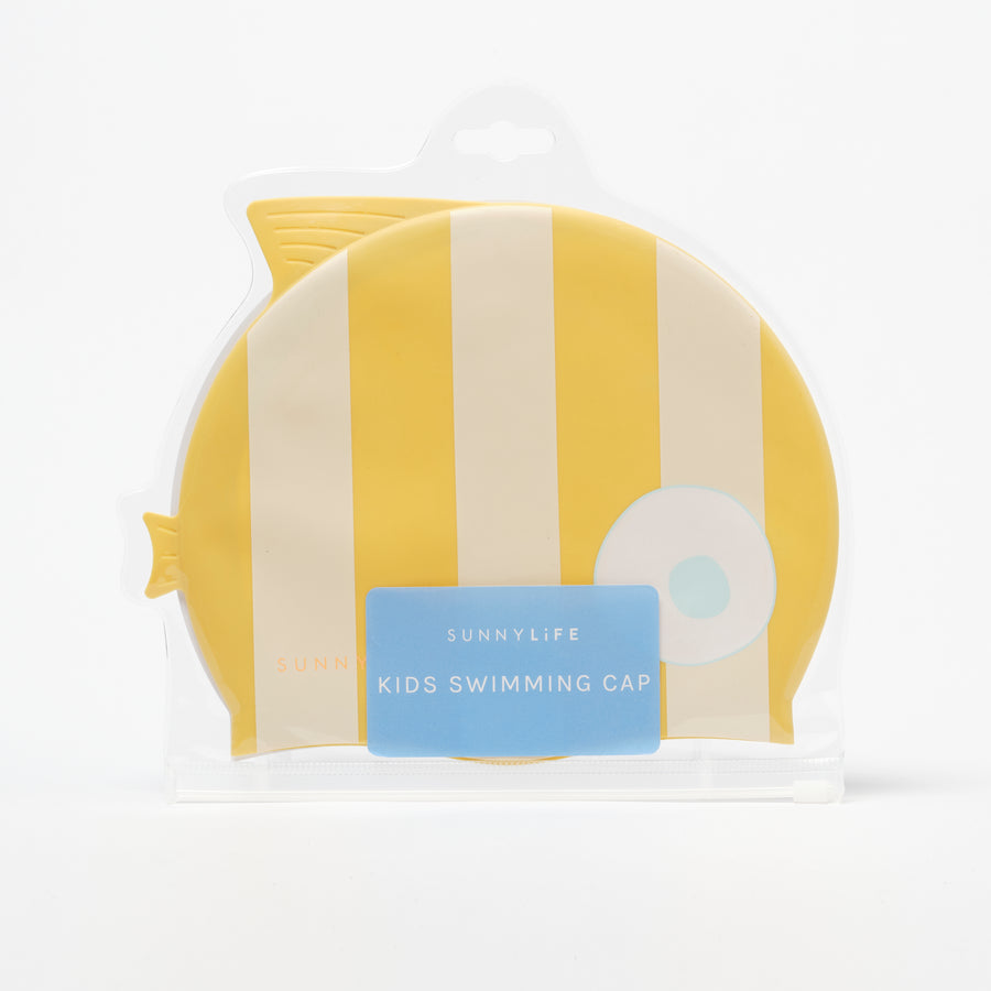 Kids Swimming Cap Finn the Fish Mustard Stripe