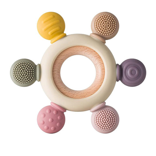 Teether | Playbox Wooden Teether, Baby Teething Toys Silicone Teethers BPA Free Silicone Rudder with Wooden Ring Soothe Babies Gums