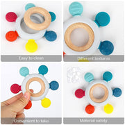 Playbox Infant Wooden Teether, Baby Teething Toys Silicone Teethers Bpa Free Silicone Rudder With Wooden Ring Soothe Babies Gums (Bright)