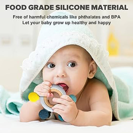 Playbox Infant Wooden Teether, Baby Teething Toys Silicone Teethers Bpa Free Silicone Rudder With Wooden Ring Soothe Babies Gums (Pastel)